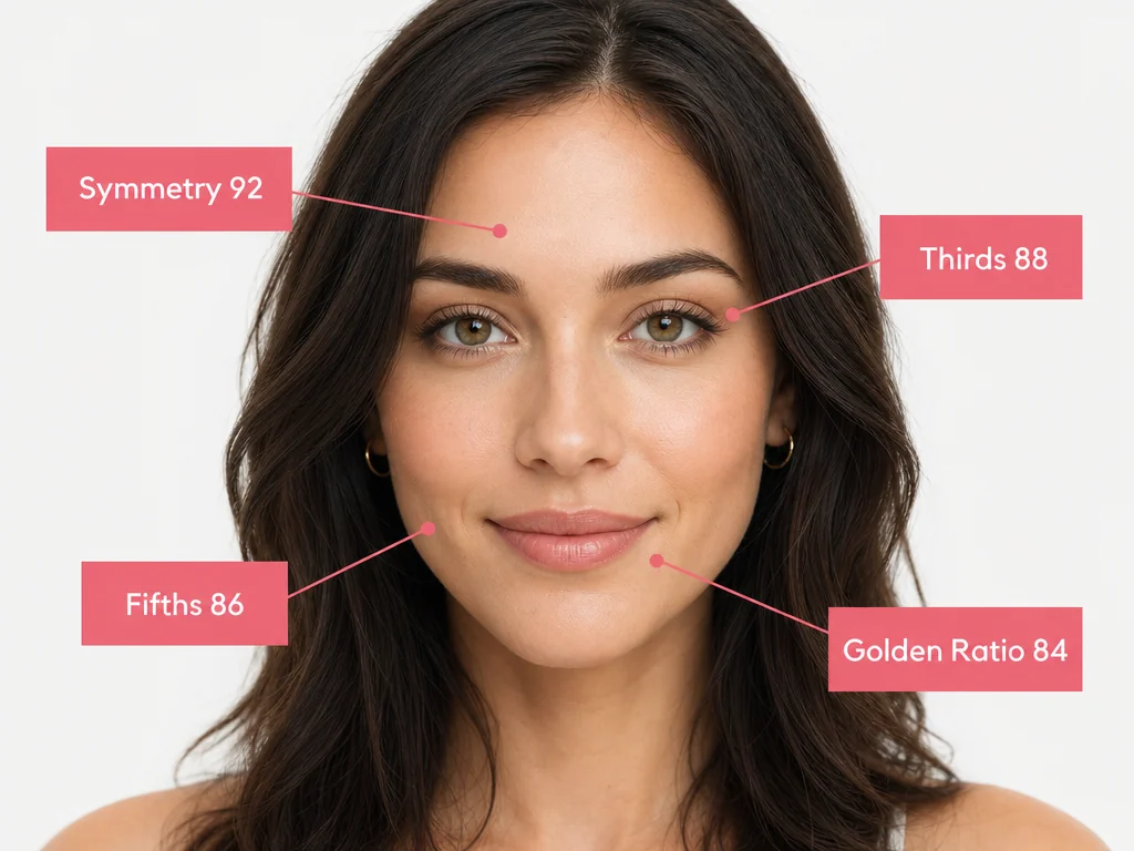 Análise facial com quatro pontuações de dimensões marcadas sobre um retrato de frente
