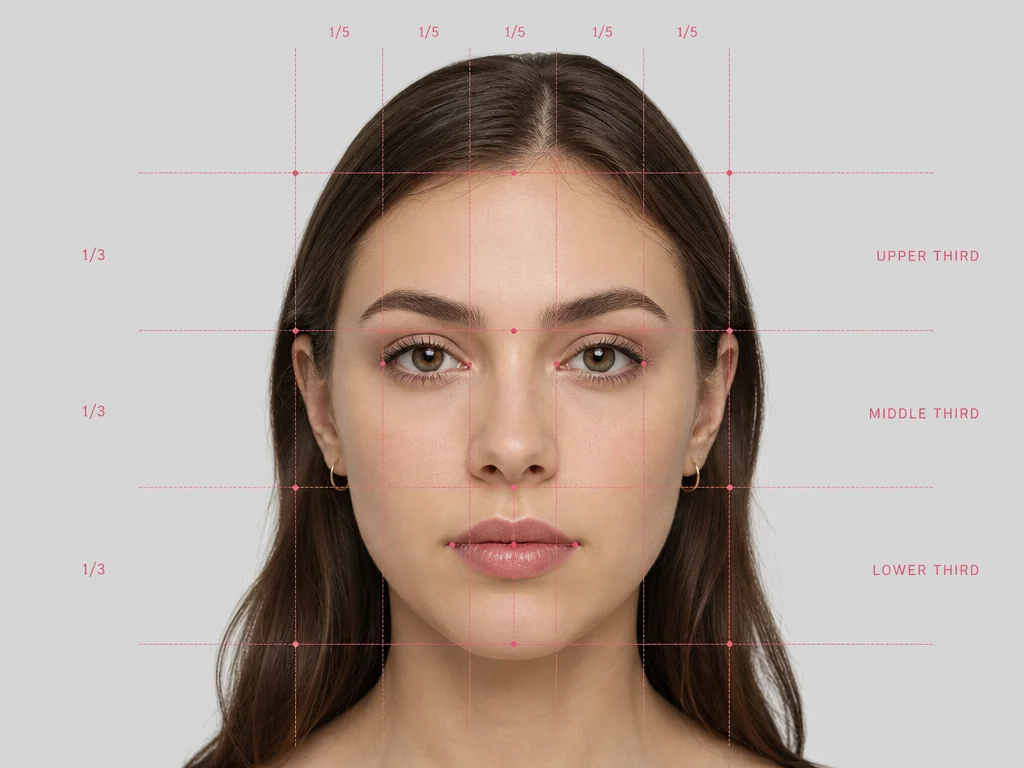 Análise facial com IA exibindo uma grade de medição dos terços e quintos faciais sobre um retrato de frente