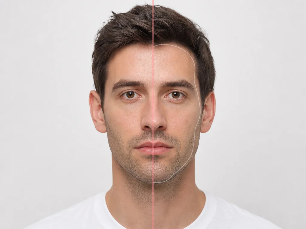 Sobreposição de simetria da análise facial comparando as metades esquerda e direita de um retrato