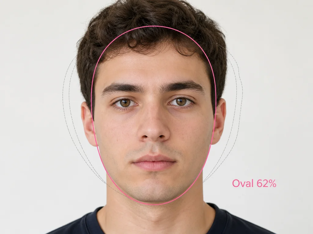 Valoración facial con contorno rosa, las tres formas de rostro más cercanas y su porcentaje