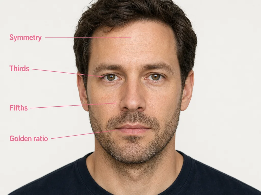 Valoración facial con cuatro medidas etiquetadas: simetría, tercios, quintos y proporción áurea, sobre un retrato frontal
