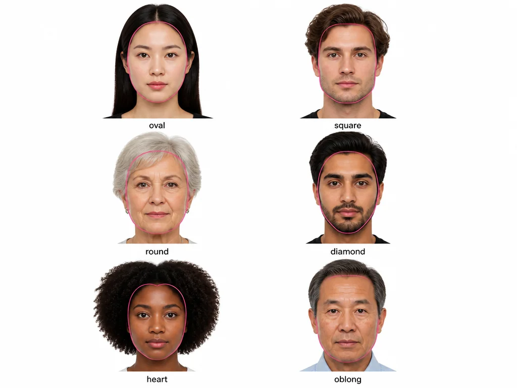 Sechs Gesichtsformen im Vergleich: oval, eckig, rund, rautenförmig, herzförmig und lang