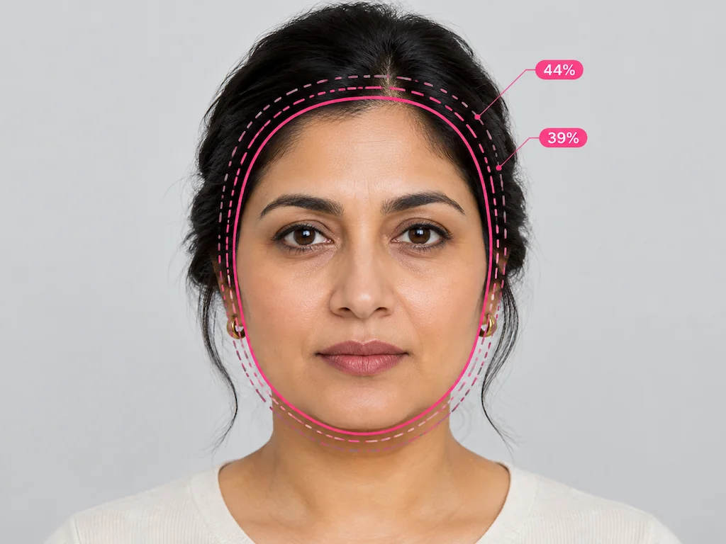 Ergebnis der Gesichtsform mit einer durchgezogenen Kontur und zwei gestrichelten Alternativen bei 44 und 39 Prozent