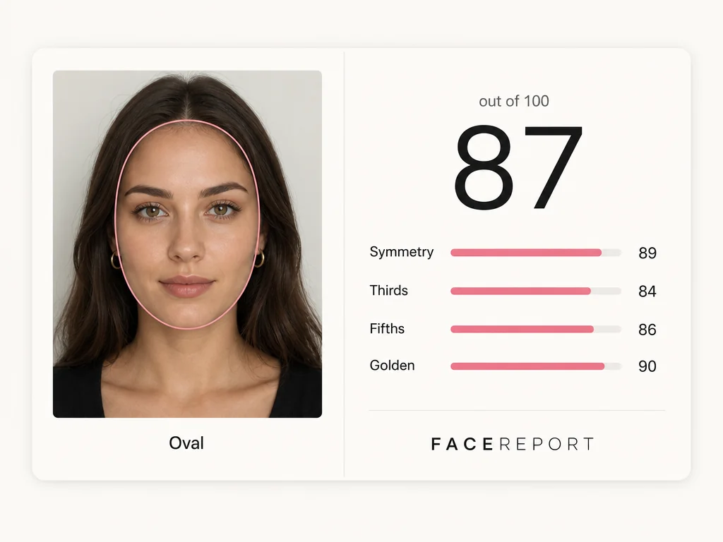Shareable face report card showing a face shape, an overall harmony score, and four dimension scores